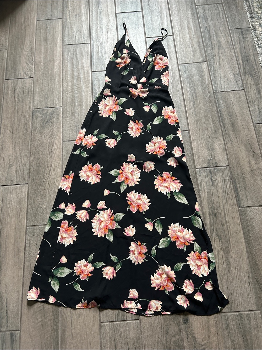 Lush Black Maxi Slip Dress with Pink Floral Print